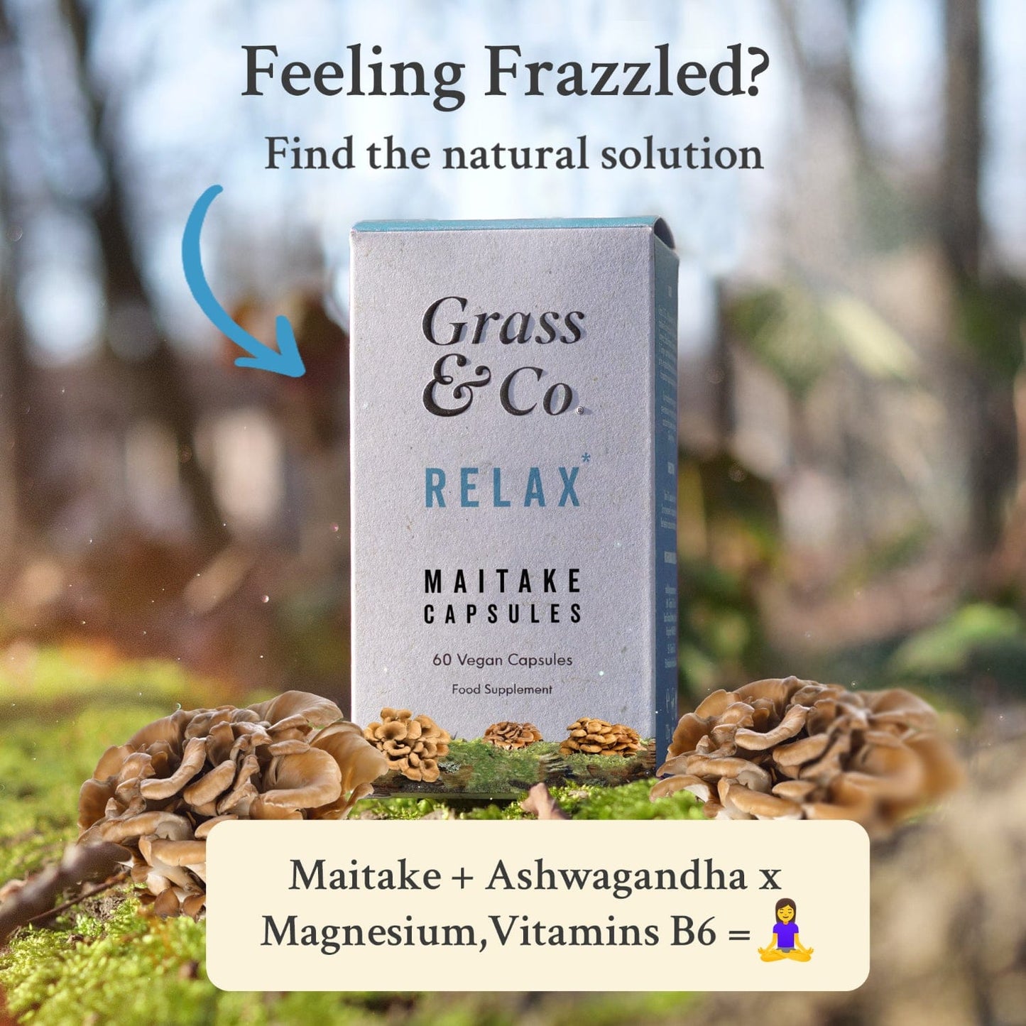 RELAX - Maitake Mushroom Supplement Capsules with Ashwagandha + Magnesium for Anxiety & Stress